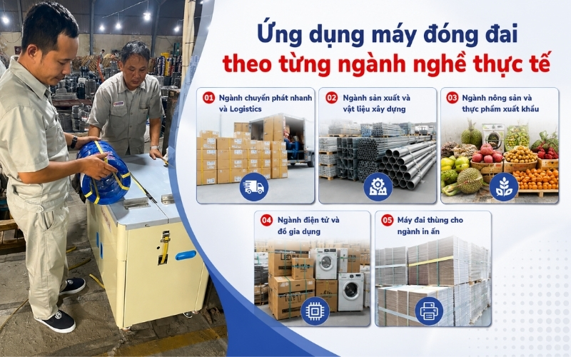 Ứng dụng máy đóng đai theo từng ngành nghề thực tế