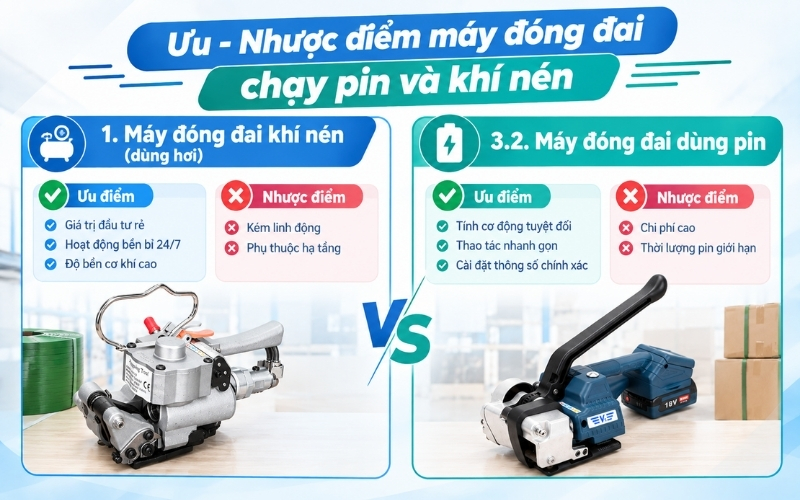 Ưu - Nhược điểm máy đóng đai chạy pin và khí nén
