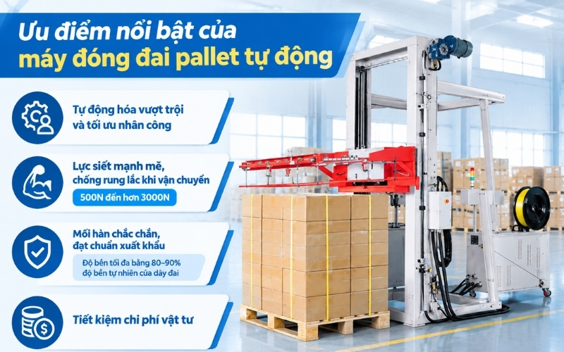 Ưu điểm nổi bật của máy đóng đai pallet tự động