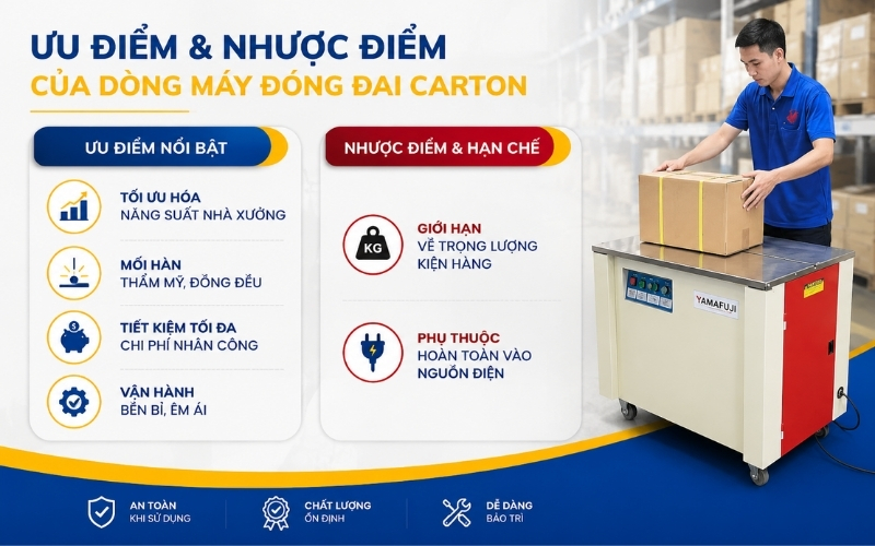 Ưu điểm và nhược điểm của dòng máy đóng đai Carton