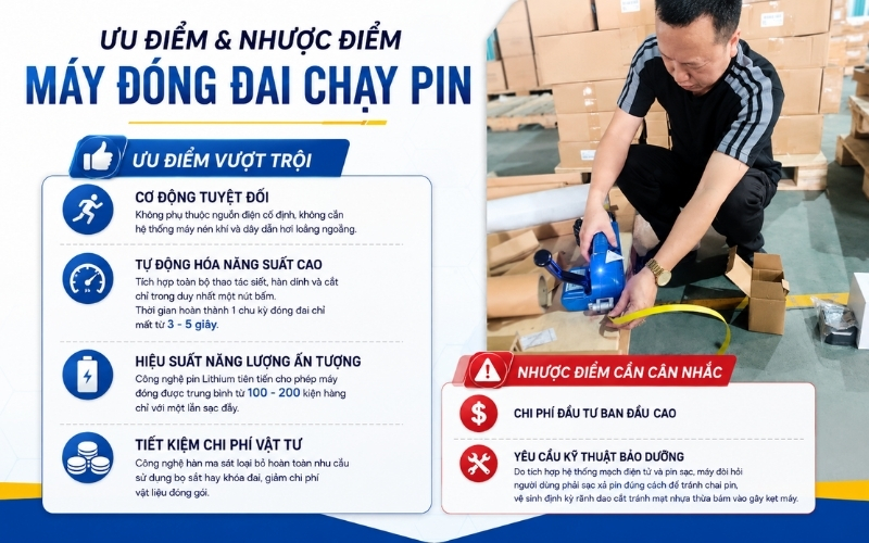 Ưu điểm và nhược điểm máy đóng đai chạy pin