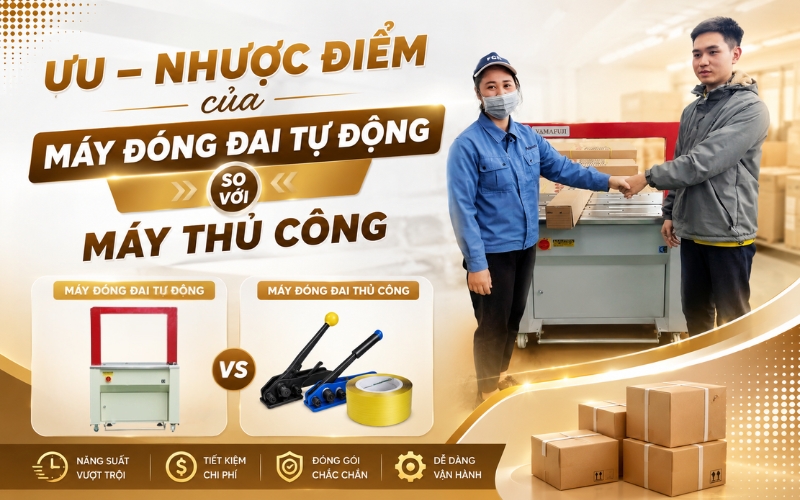 Ưu – nhược điểm của máy đóng đai tự động so với máy thủ công