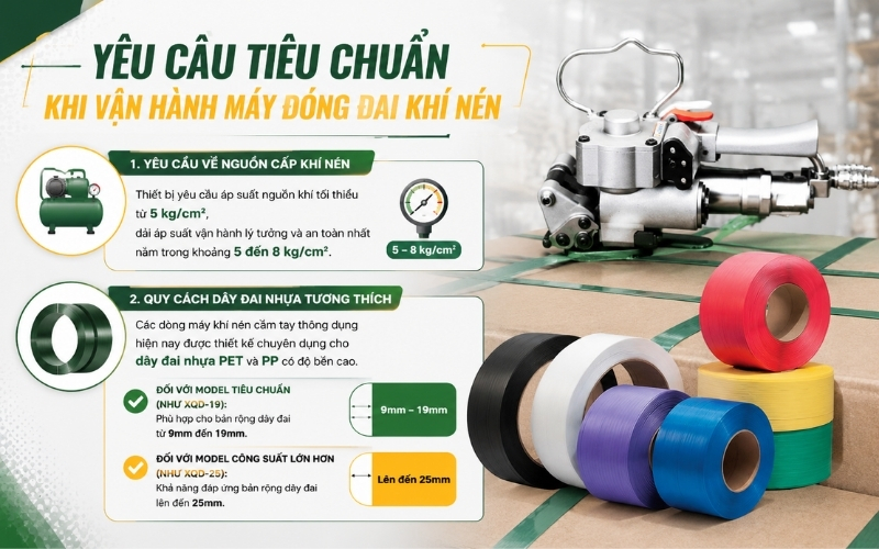 Yêu cầu tiêu chuẩn khi vận hành máy đóng đai khí nén
