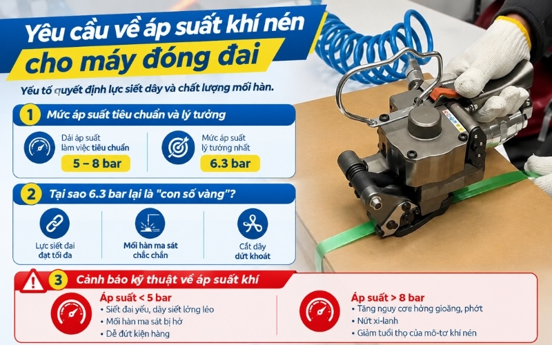 Yêu cầu về áp suất khí nén cho máy đóng đai