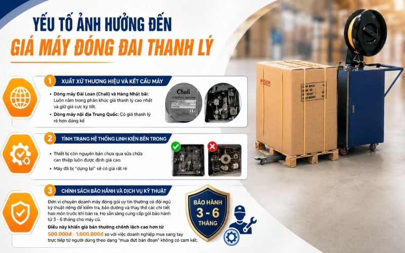 Yếu tố ảnh hưởng đến giá máy đóng đai thanh lý