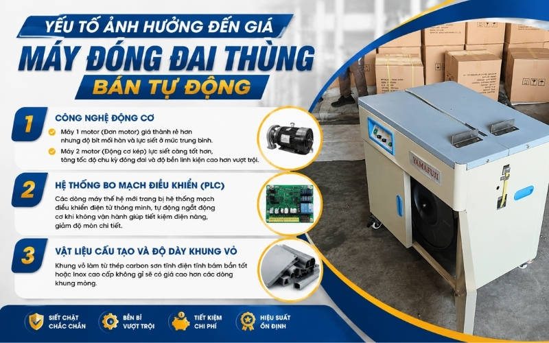 Yếu tố ảnh hưởng đến giá máy đóng đai thùng bán tự động