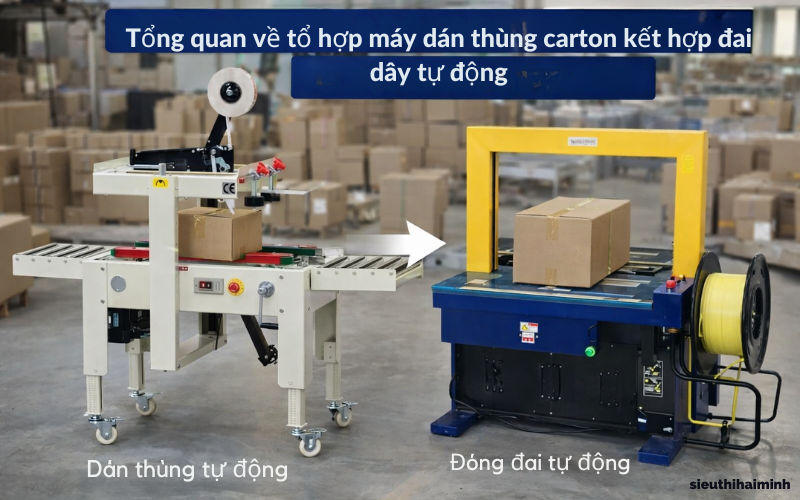 Tổng quan về tổ hợp máy dán thùng carton kết hợp đai dây tự động