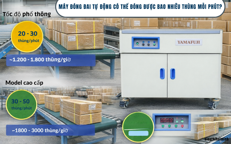 Máy đóng đai tự động có thể đóng được bao nhiêu thùng mỗi phút?