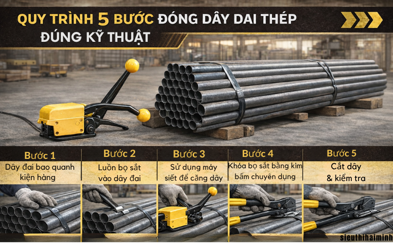 Quy trình 5 bước đóng dây đai thép an toàn đúng kỹ thuật