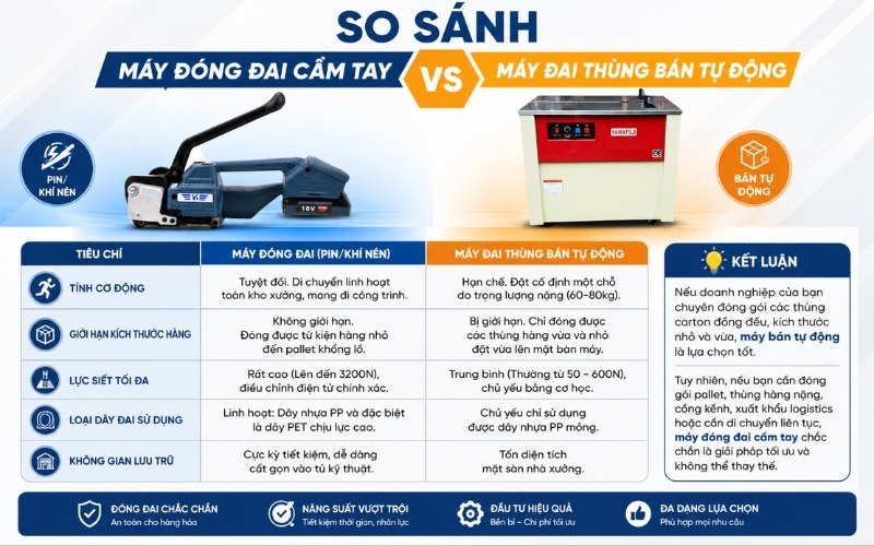 so sánh máy đóng đai cầm tay và máy đai thùng bán tự động