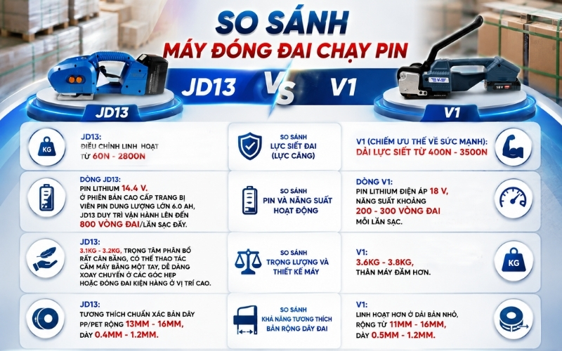so sánh máy đóng đai chạy pin JD13 Và V1