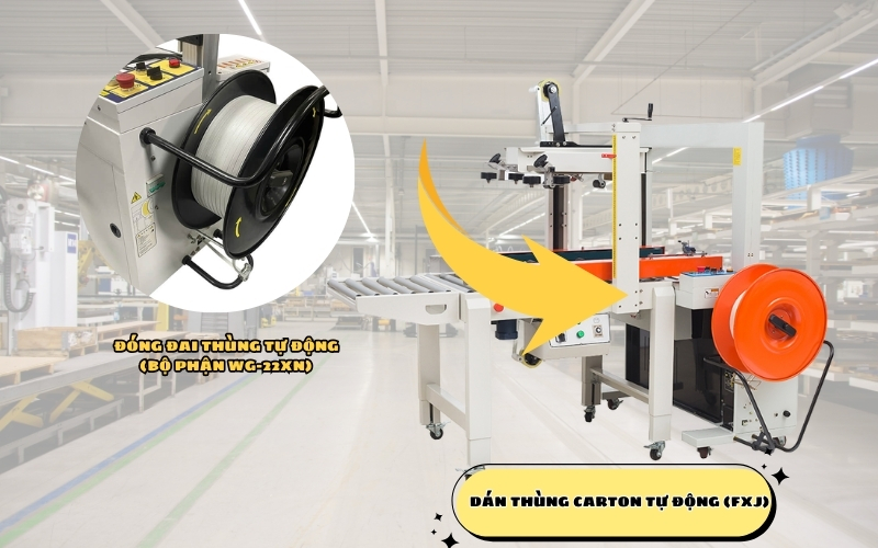 Tổng quan về tổ hợp máy dán thùng carton kết hợp đai dây tự động