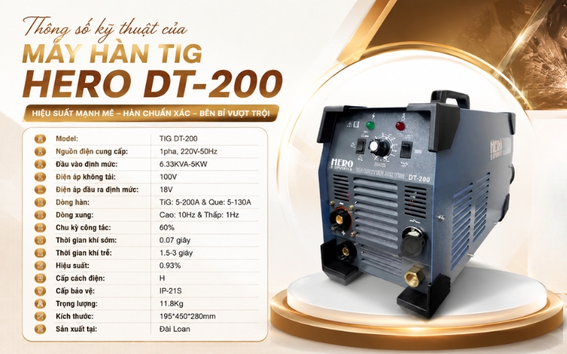 Thông số kỹ thuật của Máy hàn Tig Hero DT-200
