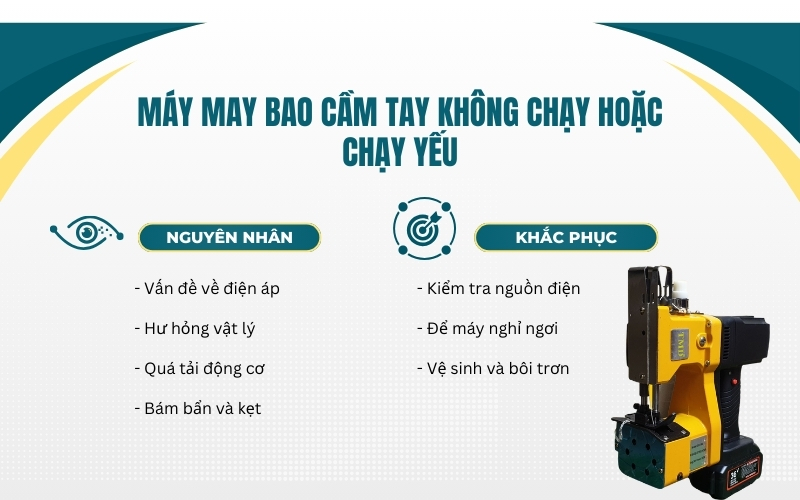 Máy may bao cầm tay không chạy hoặc chạy yếu