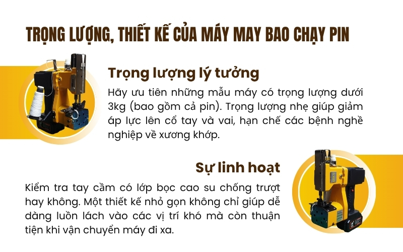 Trọng lượng, thiết kế của máy may bao chạy pin