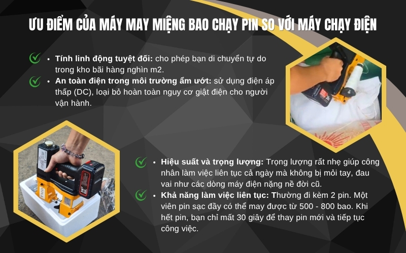 Ưu điểm của máy may miệng bao chạy pin so với máy chạy điện