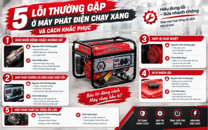 5 Lỗi thường gặp ở máy phát điện chạy xăng và cách khắc phục