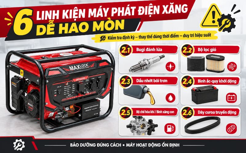 6 linh kiện máy phát điện chạy xăng dễ hao mòn