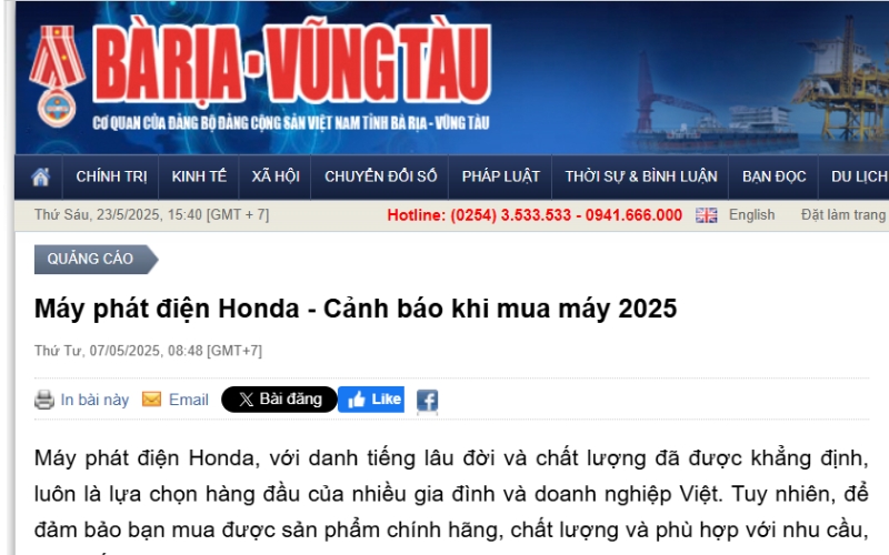 Báo Bà Rịa – Vũng Tàu Cảnh Báo: Cẩn trọng khi mua máy phát điện Honda