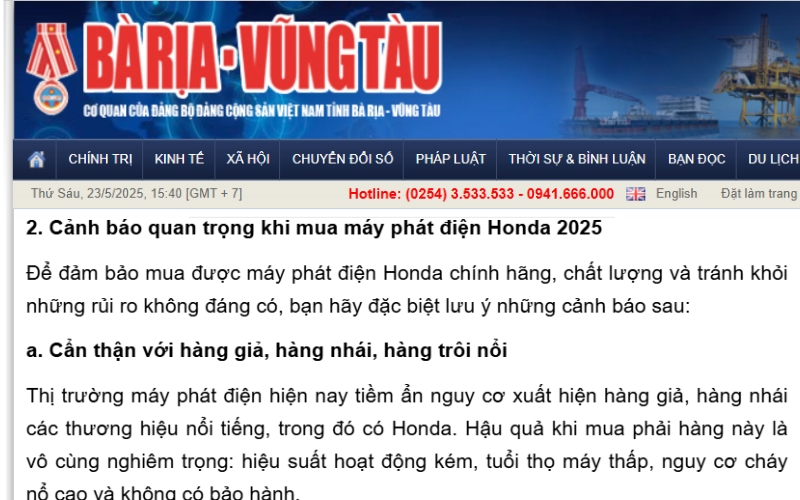 Báo Bà Rịa – Vũng Tàu cảnh báo: Máy phát điện Honda đang bị làm giả tinh vi