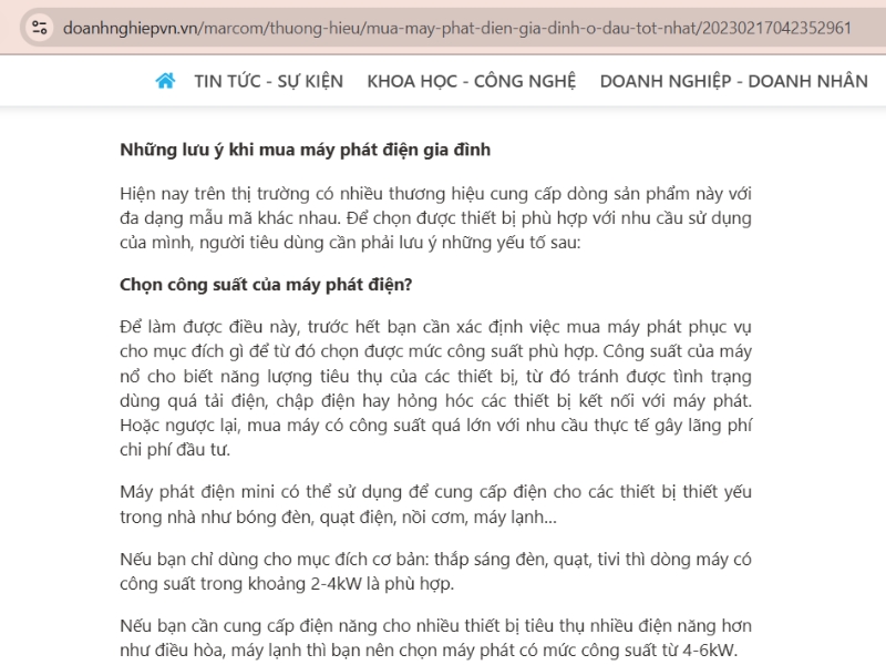 Báo doanhnghiepvn.vn đề cập cách lựa chọn máy phát điện gia đình