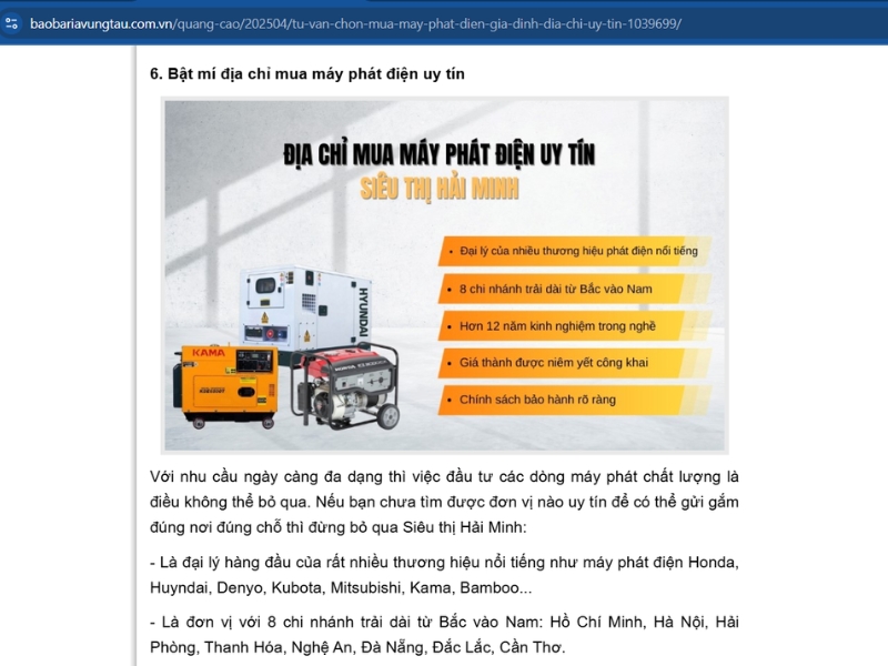 Baobariavungtau.com.vn – Review Hải Minh –máy phát điện gia đình uy tín