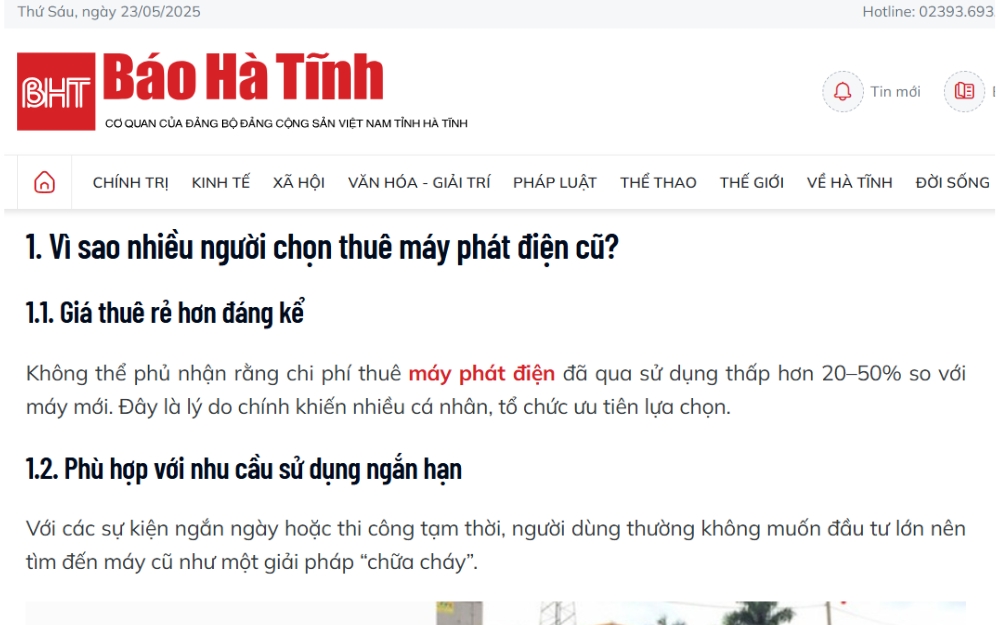 Baohatinh đề cập lý do người dùng chọn thuê máy phát điện cũ