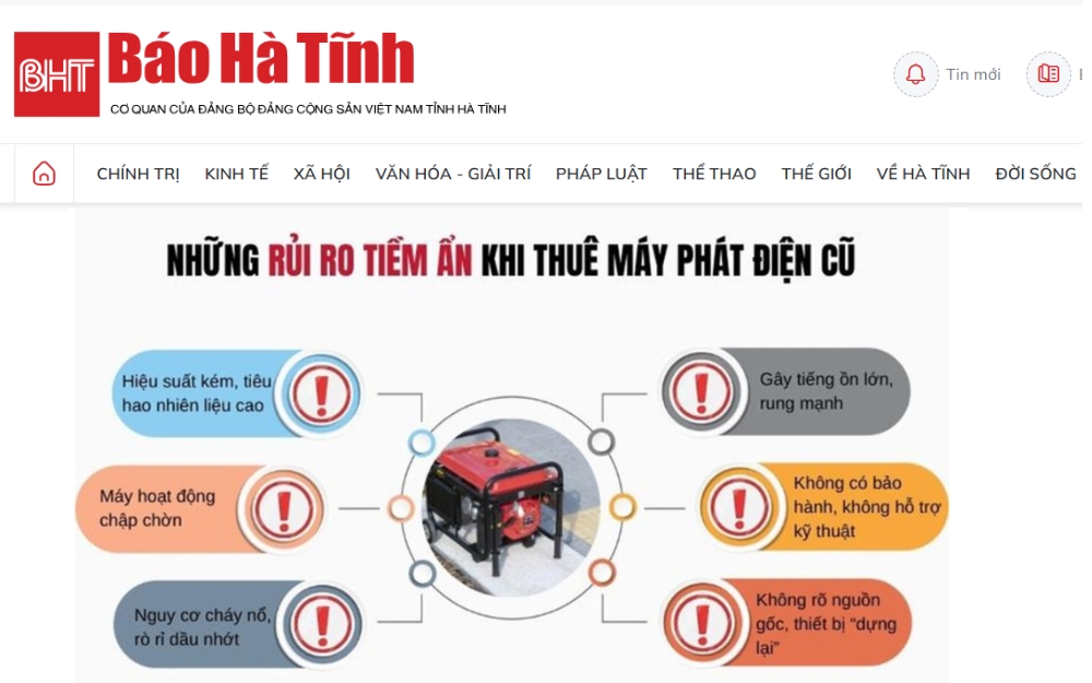 Baohatinh: Cảnh báo rủi ro tiềm ẩn khi thuê máy phát điện cũ