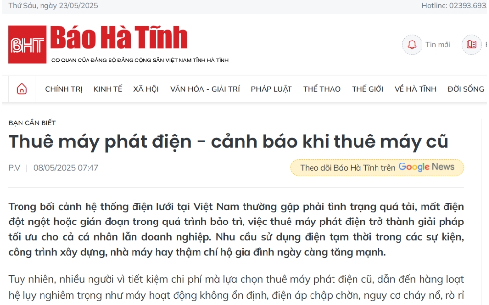 Baohatinh.vn - Cảnh Báo Khi Thuê Máy Phát Điện Cũ