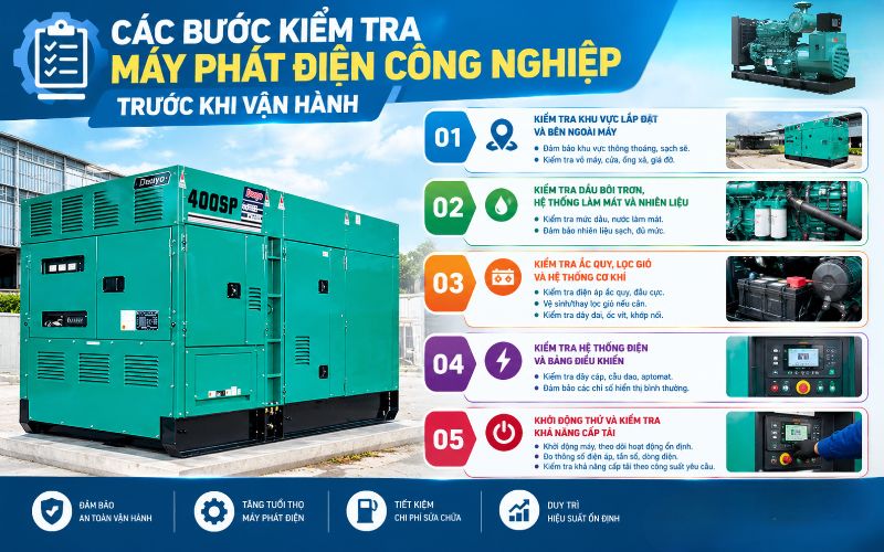 Các bước kiểm tra máy phát điện công nghiệp trước khi vận hành