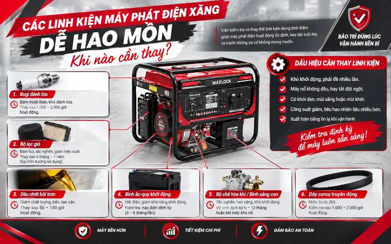 Các linh kiện máy phát điện xăng dễ hao mòn: Khi nào cần thay