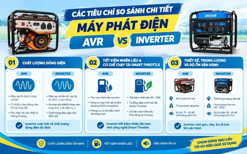 Các tiêu chí so sánh chi tiết máy phát điện Avr và Inverter