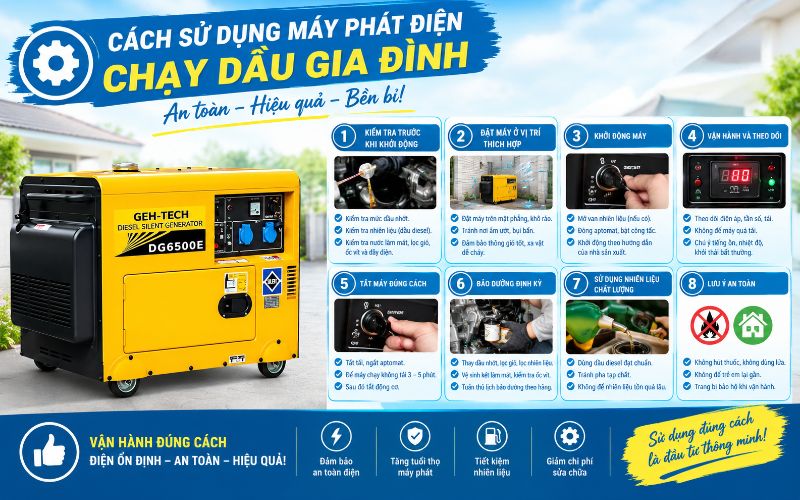 Cách sử dụng máy phát điện chạy dầu gia đình an toàn, hiệu quả
