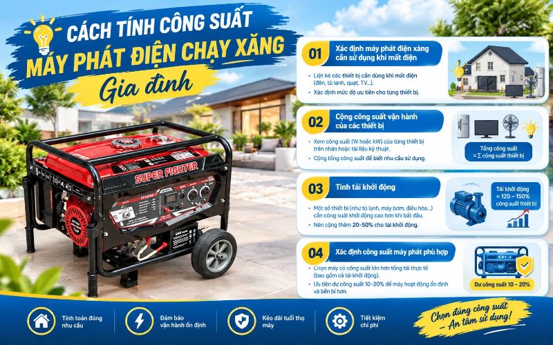 Cách tính công suất máy phát điện chạy xăng gia đình