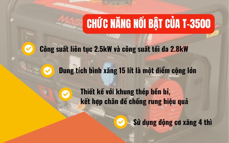 Chức năng nổi bật của máy phát điện chạy xăng Mast T-3500