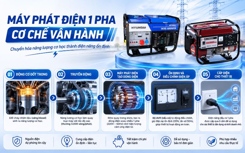 Cơ chế vận hành máy phát điện 1 pha