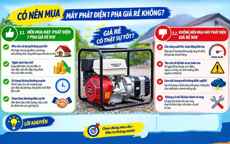 Có nên mua máy phát điện 1 pha giá rẻ không?