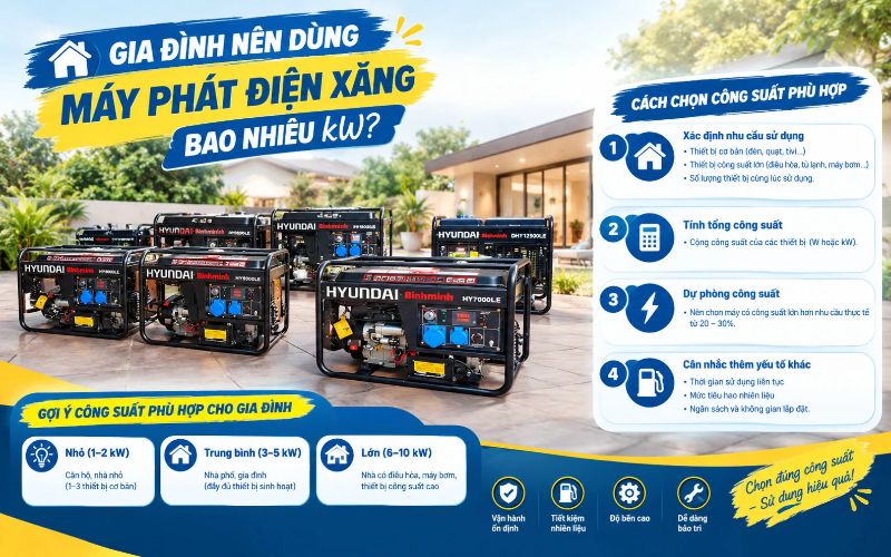 Gia đình nên dùng máy phát điện xăng bao nhiêu kW