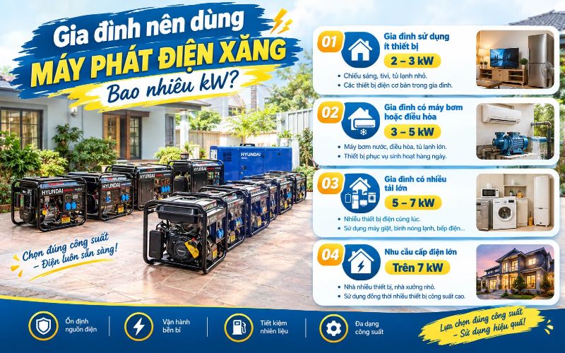 Gia đình nên dùng máy phát điện xăng bao nhiêu kW?