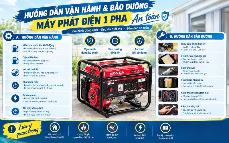 Hướng dẫn vận hành & bảo dưỡng máy phát điện 1 pha an toàn