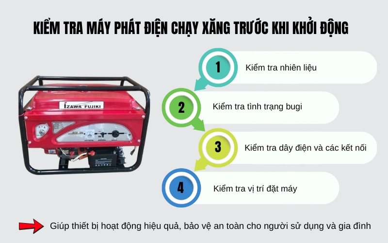 Kiểm tra máy phát điện chạy xăng trước khi khởi động