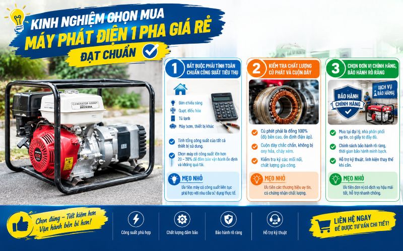 Kinh nghiệm chọn mua máy phát điện 1 pha giá rẻ đạt chuẩn