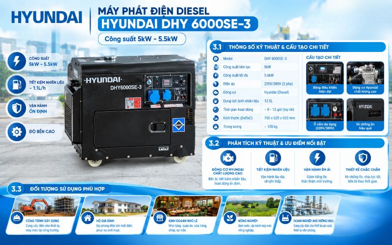Máy phát điện Hyundai DHY 6000SE-3