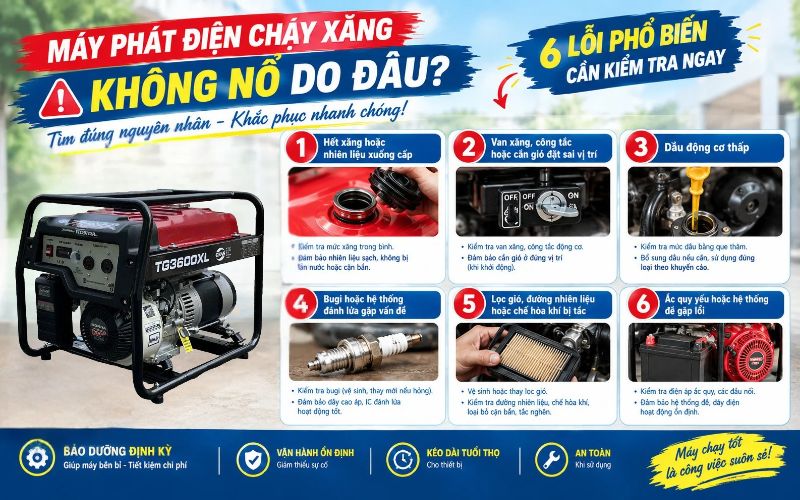 Máy phát điện chạy xăng không nổ do đâu?