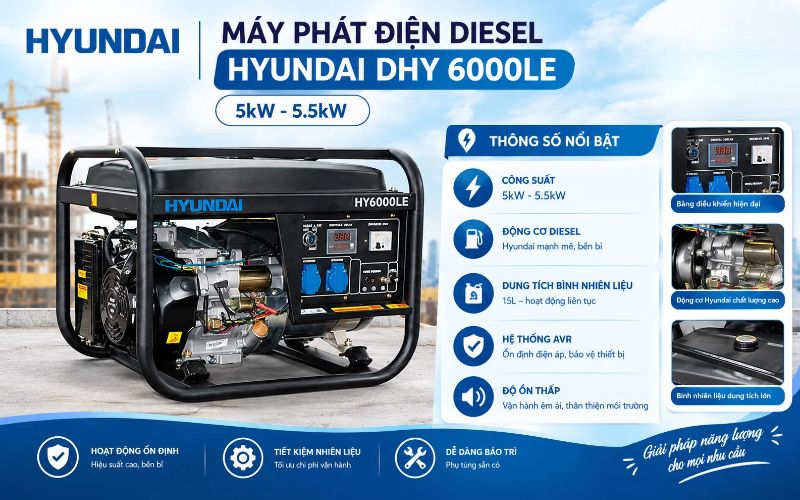 Máy phát điện diesel Hyundai DHY 6000LE (5kW - 5.5kW)