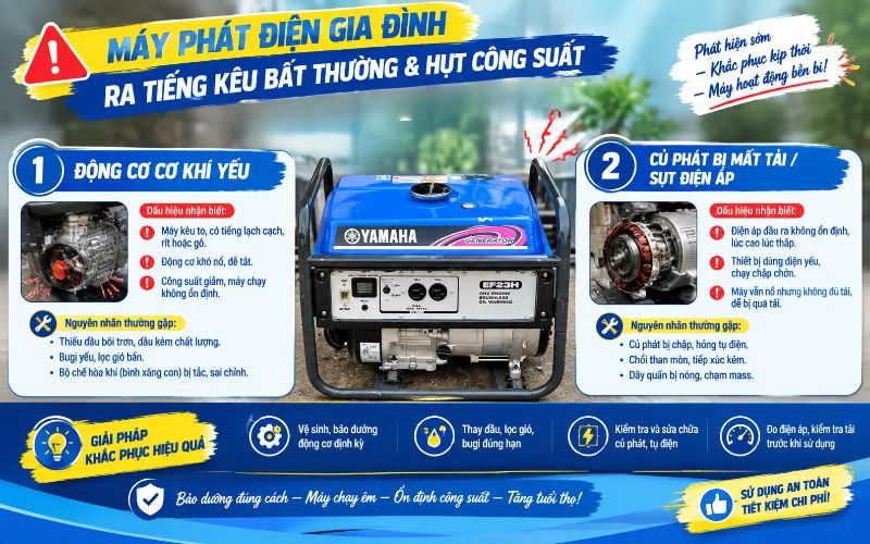Máy phát điện gia đình ra tiếng kêu bất thường & hụt công suất