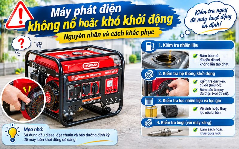 Máy phát điện không nổ hoặc khó khởi động