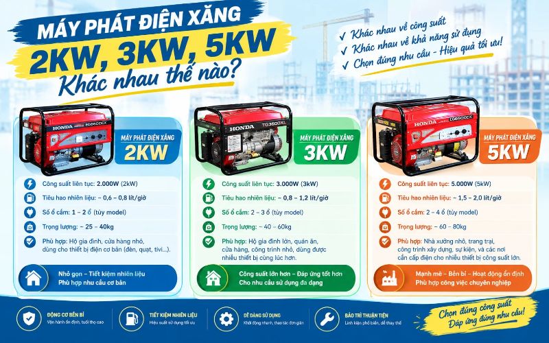 Máy phát điện xăng 2kW, 3kW, 5kW khác nhau thế nào?
