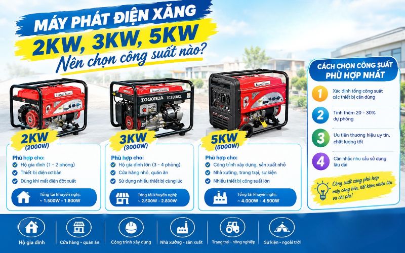 Máy phát điện xăng 2kw, 3kw, 5kw: Nên chọn công suất nào