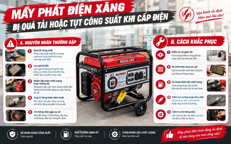 Máy phát điện xăng bị quá tải hoặc tụt công suất khi cấp điện